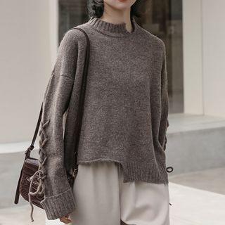 Lace-up Sleeve Distressed Plain Sweater