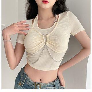 Set: Short-sleeve Crop Top + Halter Neck Tank Top