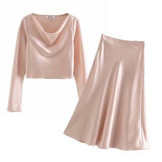 Set: Silky Blouse + Midi A-line Skirt