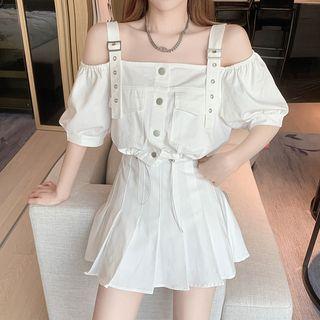 Cold-shoulder Buckled Drawstring Blouse / Pleated A-line Skirt