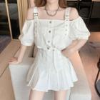 Cold-shoulder Buckled Drawstring Blouse / Pleated A-line Skirt