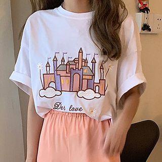 Short-sleeve Graphic Print T-shirt / Straight-fit Pants