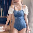 Contrast Sleeve Spaghetti-strap Swimsuit