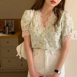 Puff Sleeve V-neck Floral Print Lace Trim Blouse