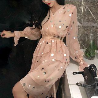 Dotted Sequined Long-sleeve Dress Pink - One Size