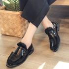 Furry Trim Low Heel Faux Patent Leather Loafers