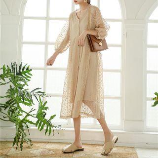Set: V-neck 3/4-sleeve Midi Dress + Slipdress