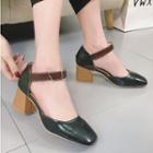 Faux-leather Square-toe Block-heel Pumps