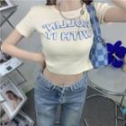 Short-sleeve Lettering Ribbed Crop Knit Top