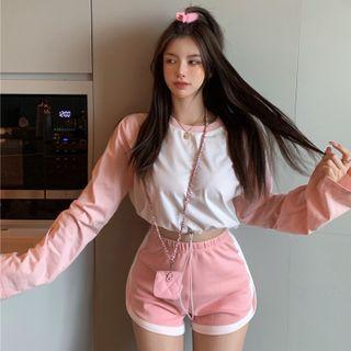 Long Sleeve Drawstring T-shirt / Contrast Shorts