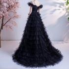 Short-sleeve Cold-shoulder Mesh A-line Evening Gown