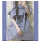 Elbow-sleeve Cold Shoulder Striped Ruffled Dress Blue - One Size