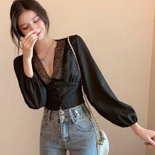 Lace Trim V-neck Balloon-sleeve Blouse