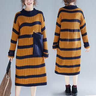 Striped Knit Midi Shift Dress Yellow - One Size