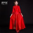 3/4-sleeve Lace Panel Chinese Wedding Gown