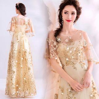 Sequined Flared-sleeve Sheath Evening Gown