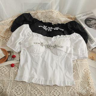 Off-shoulder Ruffle-trim Rhinestone Crop Top
