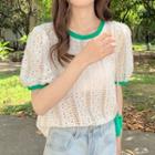 Short-sleeve Lace Top Top - White & Green - One Size