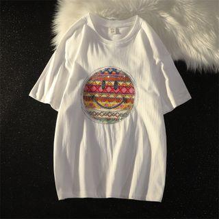 Short-sleeve Rhinestone Smiley T-shirt