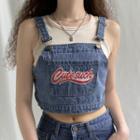 Lettering Embroidered Denim Cropped Camisole Top