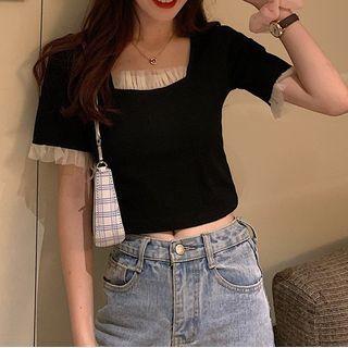 Short-sleeve Square-neck Frill Trim Crop Top Black - One Size
