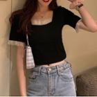 Short-sleeve Square-neck Frill Trim Crop Top Black - One Size