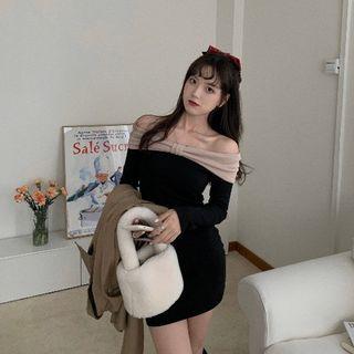 Off-shoulder Two-tone Mini Sheath Dress Black - One Size
