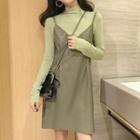 Mock Turtleneck Long-sleeve Top / Faux Leather Pinafore Dress