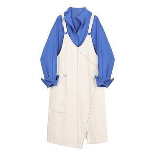Set: Plain Buttoned Blouse + Distressed Midi Pinafore Dress