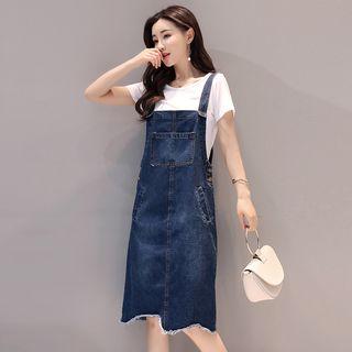 Set: Crew-neck Short-sleeve T-shirt + Denim Pinafore Dress