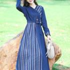 Striped Panel Tie-waist Midi A-line Dress