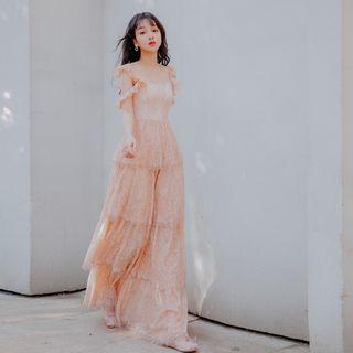 Lace Cold Shoulder Maxi A-line Dress