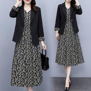 Set: Plain Blazer + Sleeveless Floral Dress