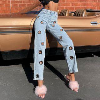 Perforated High Waist Straight Leg Jeans