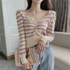 Long-sleeve Striped Crinkled Cropped Knit Top