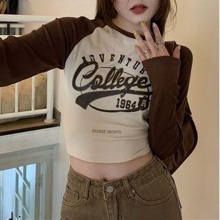 Long-sleeve Raglan Lettering Cropped T-shirt Coffee - One Size