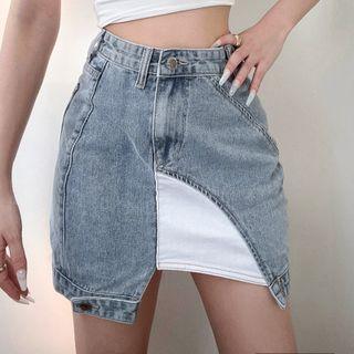 Paneled Washed Denim Mini Pencil Skirt