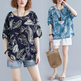 Leaf Print Elbow-sleeve Linen Top