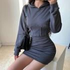 Plain Long-sleeve Slim-fit Hooded Mini Dress
