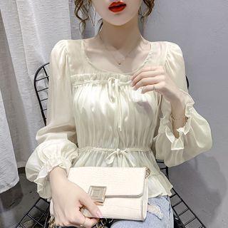 Long-sleeve Frill Trim Chiffon Peplum Top