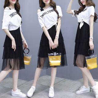 Set: Short-sleeve Lettering T-shirt + Tiered Mesh Tank Dress