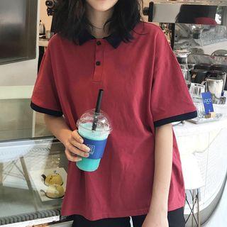 Short-sleeve Color Block Placket T-shirt