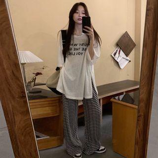 Elbow-sleeve Lettering Print T-shirt / Check Wide Leg Pants