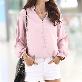 Open-placket Button-trim Blouse