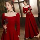 Long Sleeve Square Neck A-line Evening Gown