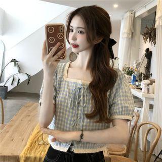 Square-neck Gingham Cropped Blouse