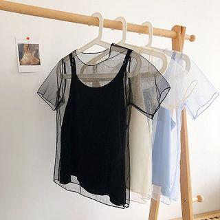 Set: Plain Camisole Top + Short-sleeve Mesh Top