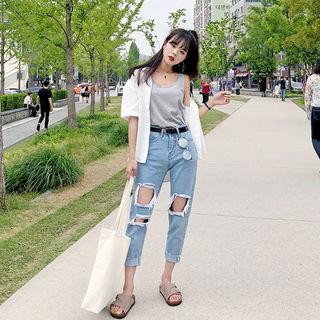 Cutout-detail Fringed Tapered Jeans