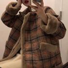 Color-block Plaid Zip Long-sleeve Coat As Shown In Figure - One Size