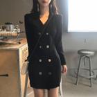 Long-sleeve Double Breasted Mini Knit Dress Black - One Size